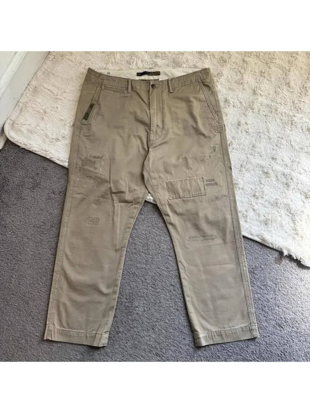 Polo Ralph Lauren Distressed Patchwork Paint Splatter Chino Pants Tan 36x30